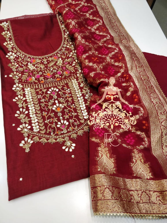 Karvachauth Special Deep Red Embroidered Chanderi Shirt with Gota Patti,  Zardozi & Pearl Work-RIDA001SSMKC