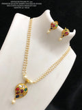 Ambika, Antique finish kemp navratan mango design pendant with pearl chain and earrings set-LR001PCPA
