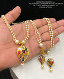 Ambika, Antique finish kemp navratan mango design pendant with pearl chain and earrings set-LR001PCPA