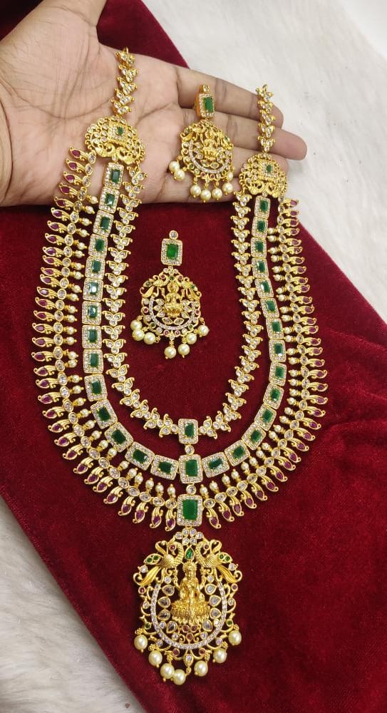 Amala, elegant 3 step matte gold finish long necklace set for women -TREND001LNS