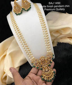 Rajeshwari, Matte finish 3 Layer pearl Long necklace set with Green beads pendant for women -LR001PNSD