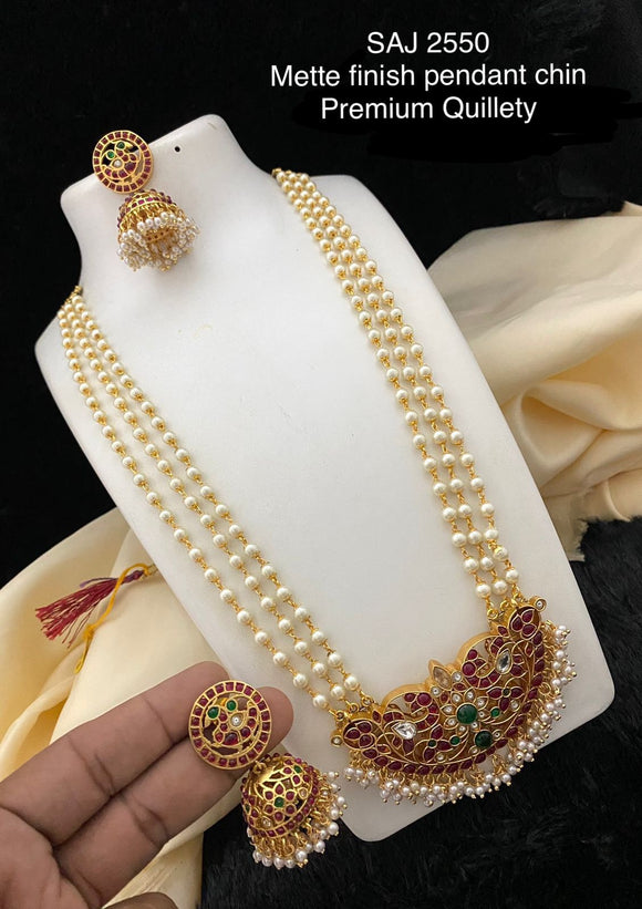 Banumati, Matte finish 3 Layer pearl Long necklace set with pendant for women -LR001PNSC