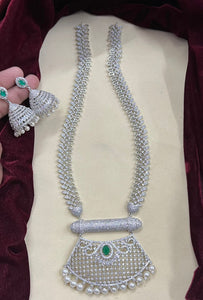Mamta, elegant Platinum finish Diamond replica  Long Necklace set for women - MOE001LNSMG