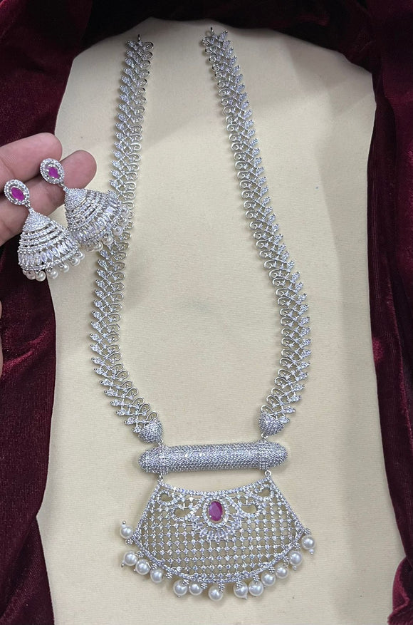 Mamta, elegant Platinum finish Diamond replica  Long Necklace set for women - MOE001LNSM
