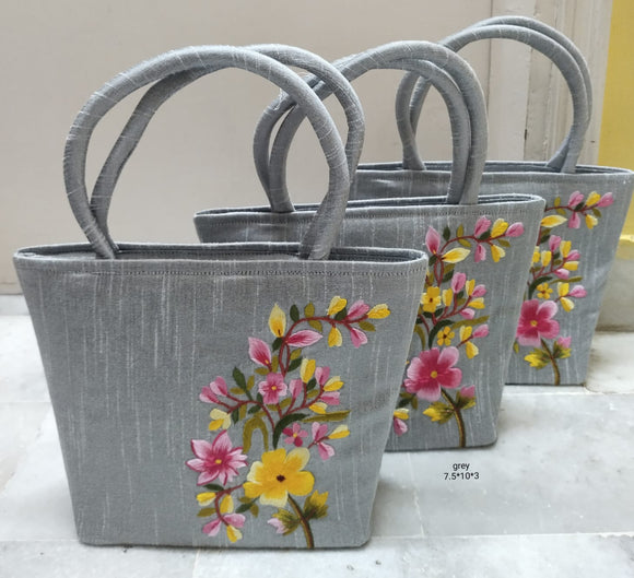 Set of 2 ,grey shade Beautiful Handbags with pink and yellow  elegant embroidery -GARI001BBGPY