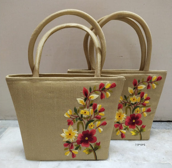Set of 2 ,Golden shade Beautiful Handbags with pink and yellow  elegant embroidery -GARI001BBGLPY