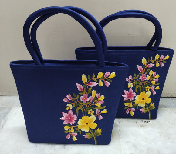 Set of 2 ,blue shade Beautiful Handbags with yellow and pink elegant embroidery -GARI001BBYPBL