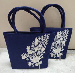 Set of 2 ,blue shade Beautiful Handbags with yellow and pink elegant embroidery -GARI001BBYPBL
