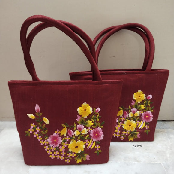 Set of 2 ,Maroon shade Beautiful Handbags with yellow and pink elegant embroidery -GARI001BBYP