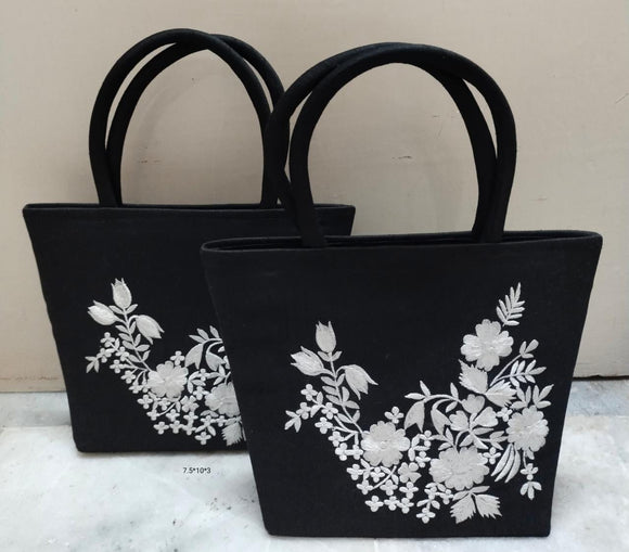 Set of 2 ,Black shade Beautiful Handbags with white elegant embroidery -GARI001BBBL