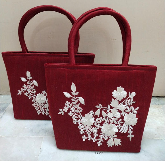 Set of 2 ,Maroon shade Beautiful Handbags with white elegant embroidery -GARI001BB