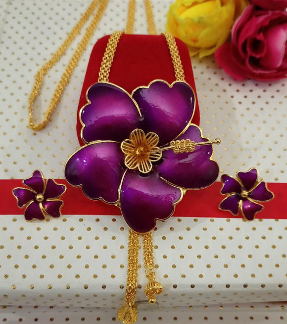 Purple enamel flower  Amaze High gold polish pendant chain set for women -AMAZE001PCC
