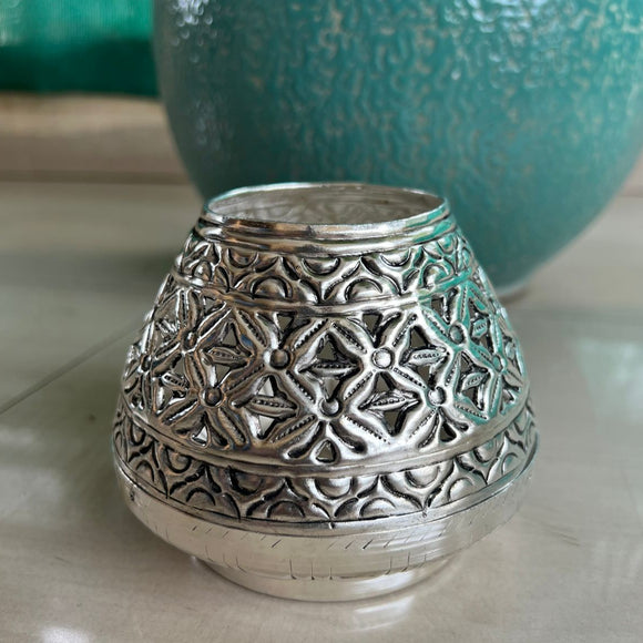 Set of 2 , Silver finish metal Traditional Tea light with beautiful Jhaali work-GRIH001V