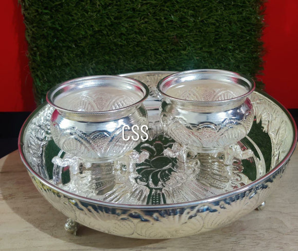 Purnendu , elegant silver finish plate with pasupu kumkum bowls-CZY001KM