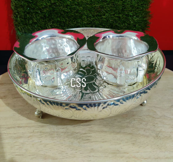 Aiswarya, elegant silver finish plate with pasupu kumkum bowls-CZY001KMA