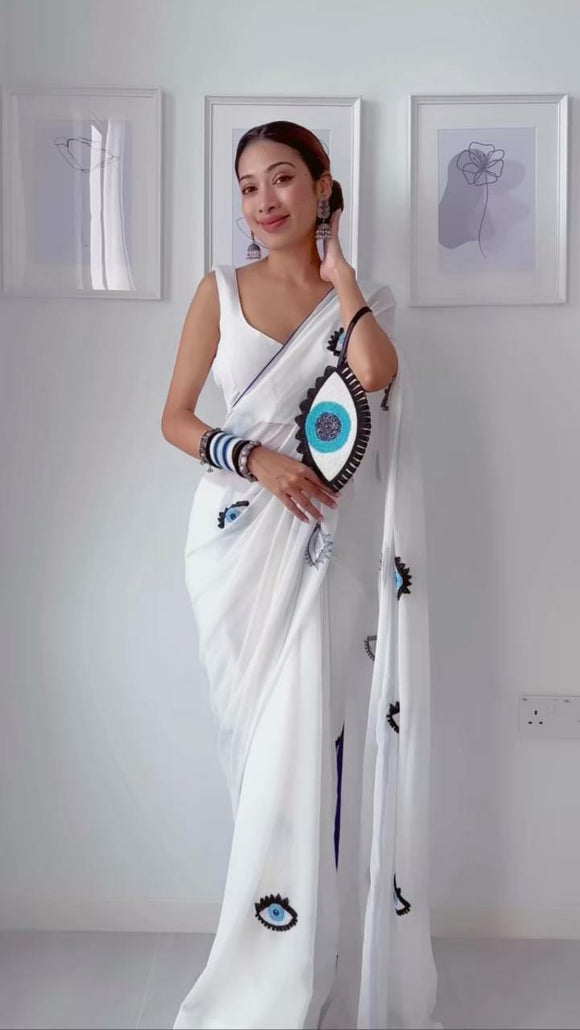 White pure soft georgette saree with khatli evil eye design and stitched blouse-GARI001EYS