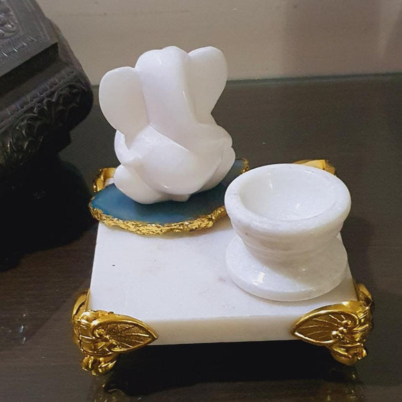 White Marble Ganesha with Agate coaster and tea light holder with Marble Chowki -ARTO001MG