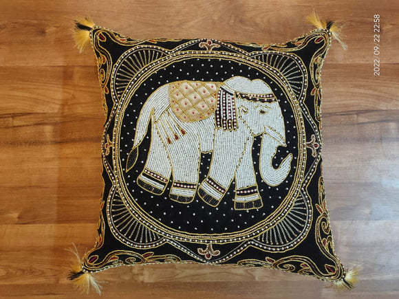 Black Royal elephant , Heavy Hand Zardozi work cushion cover-PRIYA001CCBL