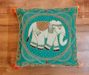 Blue Royal elephant , Heavy Hand Zardozi work cushion cover-PRIYA001CCB