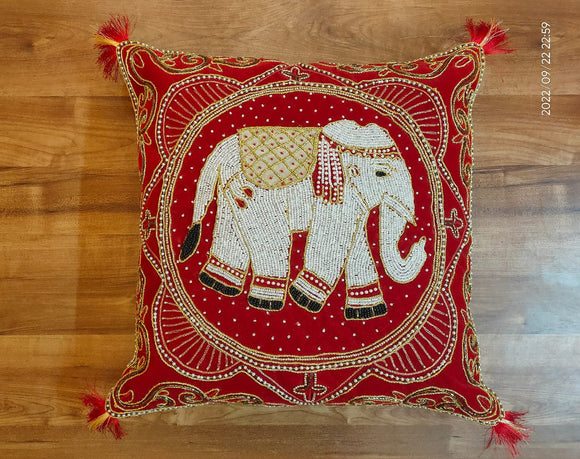 Red Royal elephant , Heavy Hand Zardozi work cushion cover-PRIYA001CCR