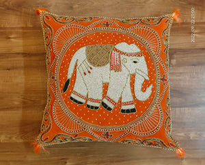 Orange Royal elephant , Heavy Hand Zardozi work cushion cover-PRIYA001CCO