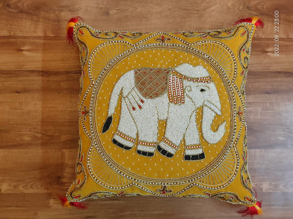Yellow  Royal elephant , Heavy Hand Zardozi work cushion cover-PRIYA001CCY