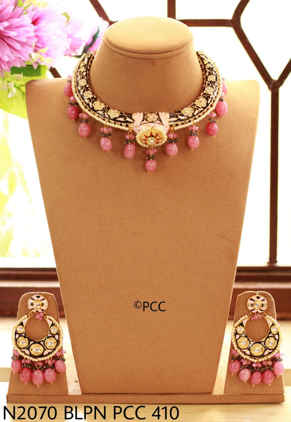 Pastel Pink beads hanging designer necklace set for women-SANDY001NSB