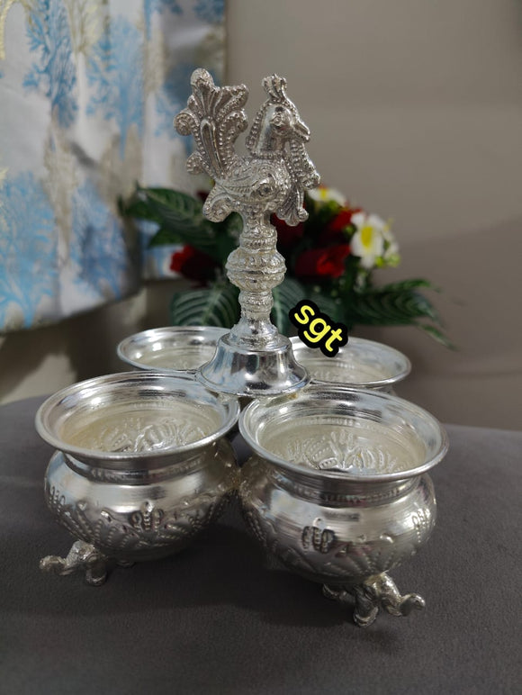 German silver washable peacock head 4 cup panchwala with big bowls with elephant leg bowls -SILLU001PW