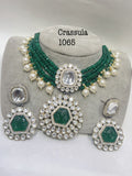 Aditri  , elegant Green bead choker with Kundan and carved stone work necklace set for women -SANDY001GR