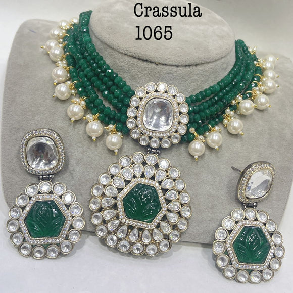 Aditri  , elegant Green bead choker with Kundan and carved stone work necklace set for women -SANDY001GR