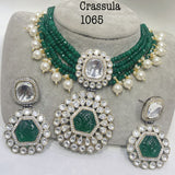 Aditri  , elegant Green bead choker with Kundan and carved stone work necklace set for women -SANDY001GR