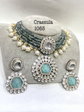 Aarna , elegant grey bead choker with Kundan and carved stone work necklace set for women -SANDY001GC
