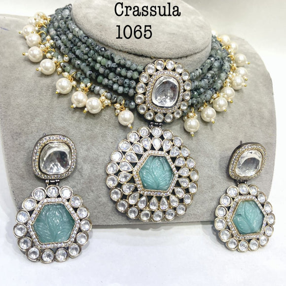 Aarna , elegant grey bead choker with Kundan and carved stone work necklace set for women -SANDY001GC