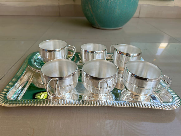 German silver with Silver plated Rectangle big Tray with 6 Cups set with 6 Saucers-GRIH001TS