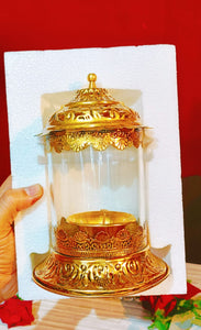 Gold plated German silver antique big size akhand diya with Glass cap-GRIH001AD