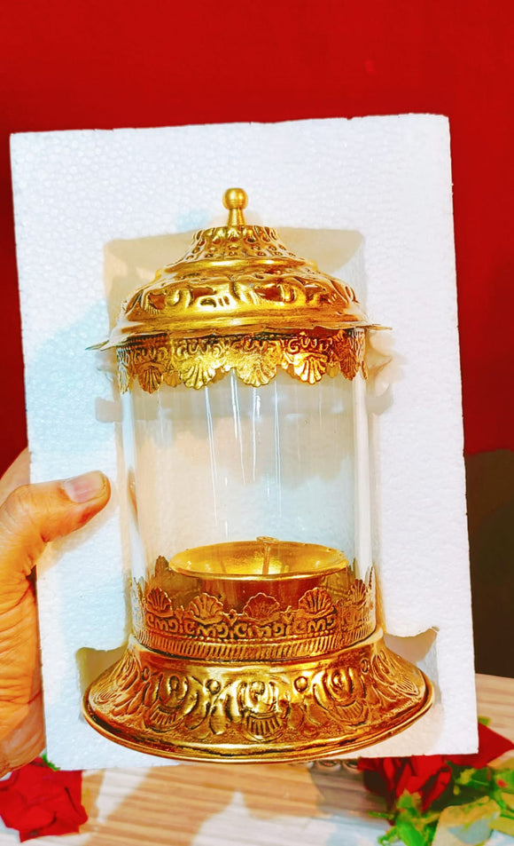 Gold plated German silver antique big size akhand diya with Glass cap-GRIH001AD