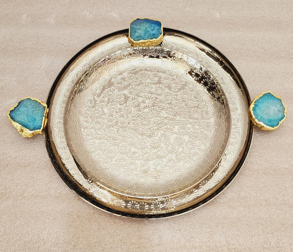 Set of 2 ,  beautiful and high Lustre aluminum round trays with agate broach -LR001AP