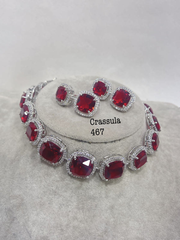Crassula  Ruby, elegant Ruby pink stone studded diamond replica  necklace set for women -SANDY001R