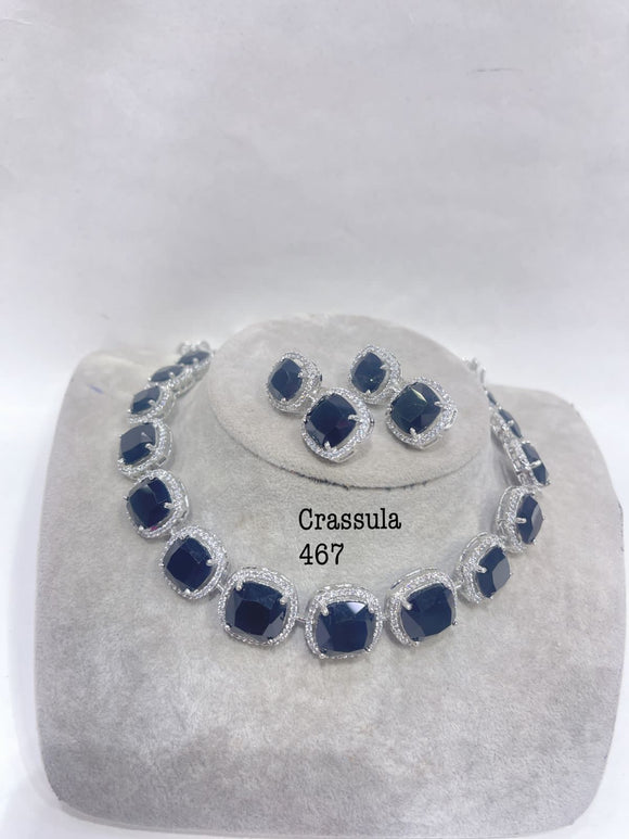 Crassula  Blue, elegant Blue  stone studded diamond replica  necklace set for women -SANDY001B