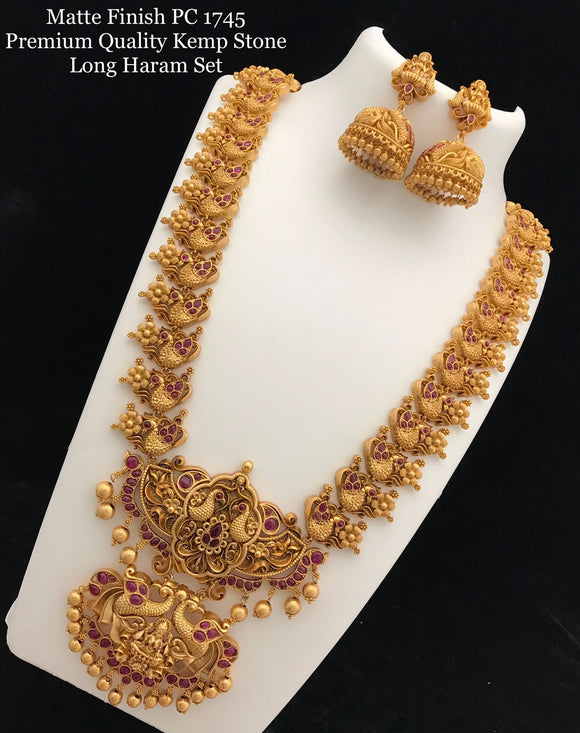 Subadhra , elegant matte gold finish long necklace set with Pink  kemp stones for women -GEET001LNKP