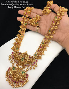 Anuradha , elegant matte gold finish long necklace set with Pink  and green  kemp stones for women -GEET001LNKPG