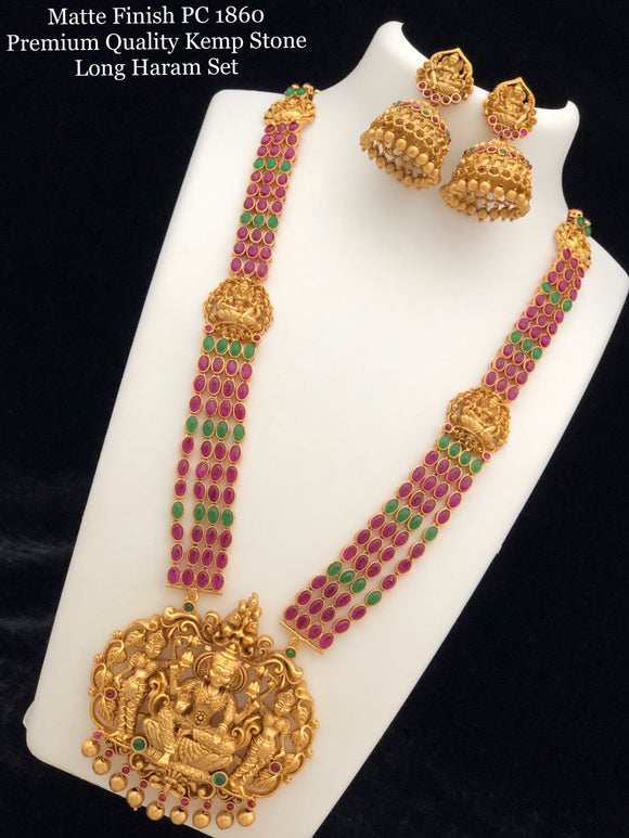 Shubamati , elegant matte gold finish long necklace set with pink and green kemp stones for women -GEET001LNSPG