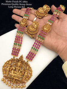 Roopvathi , elegant matte gold finish long necklace set with mixed colors  kemp stones for women -GEET001LNSM