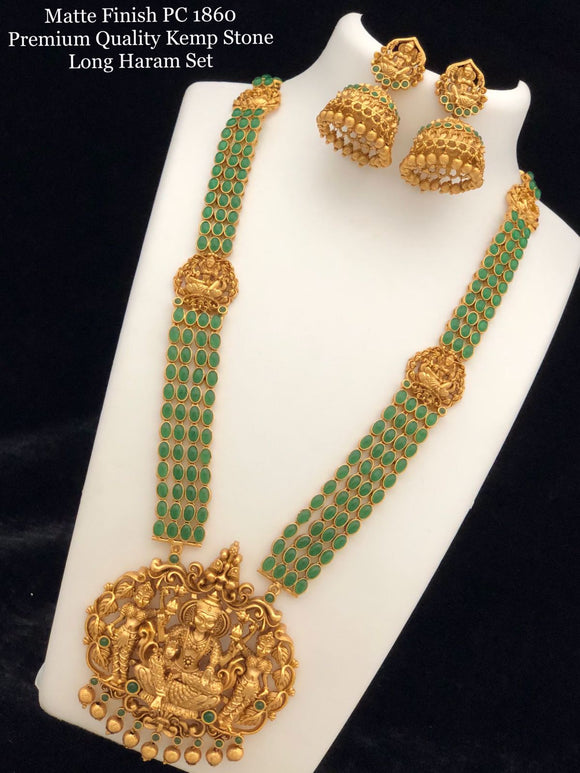 Banuamati , elegant matte gold finish long necklace set with  Green kemp stones for women -GEET001LNSG