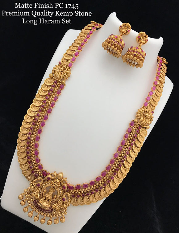 Parvathy , elegant matte gold finish long necklace set for women -GEET001LNSP