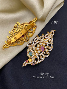 Shobana, elegant matt gold finish saree Pin  with white stones for women -GEET001SPA