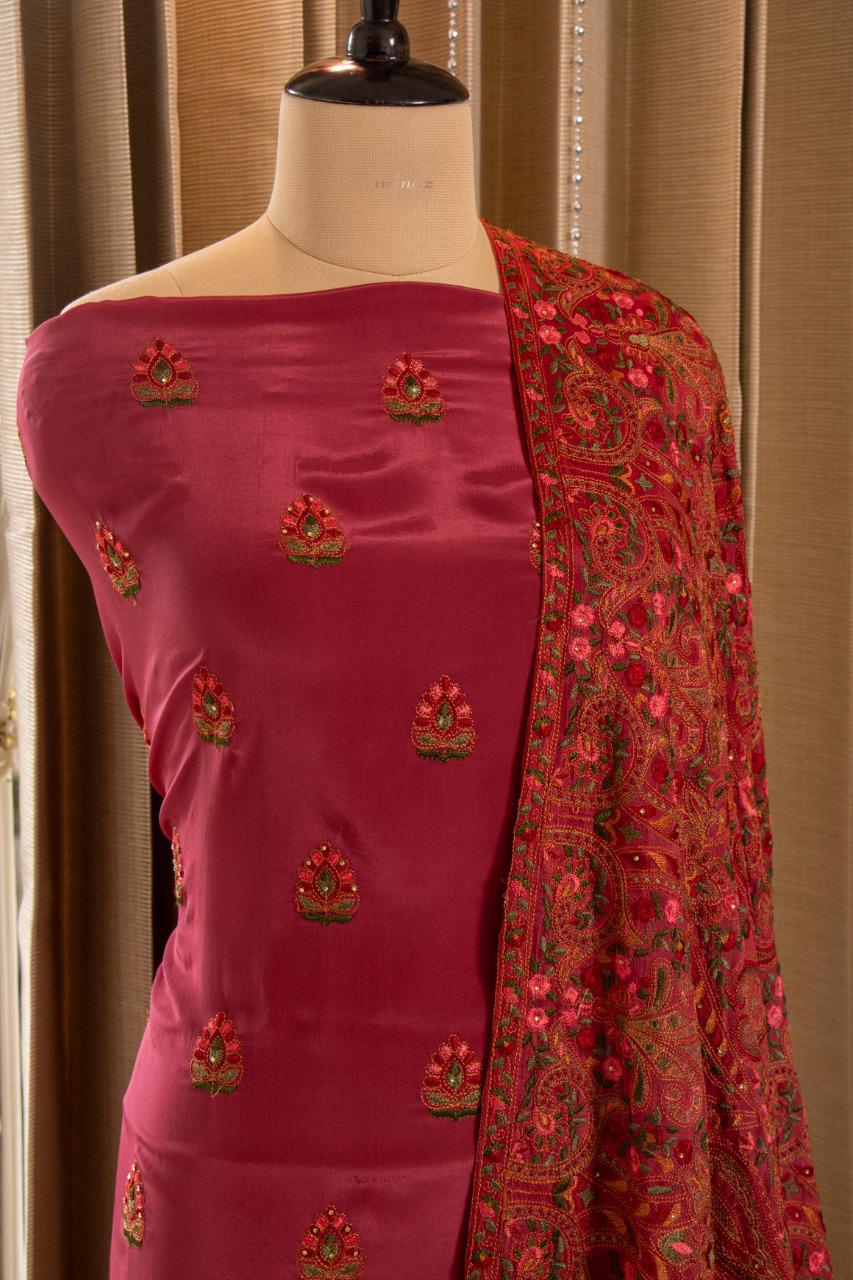 crepe silk dress material Beige color crepe silk printed women unstitched dress material