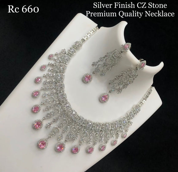 Shamna Pink , Pastel pink silver finish stone studded Cz stone premium quality necklace set for women -LR001CZPP