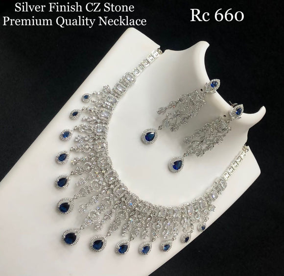 Shamna Blue , Saphire Blue  silver finish stone studded Cz stone premium quality necklace set for women -LR001CZSB