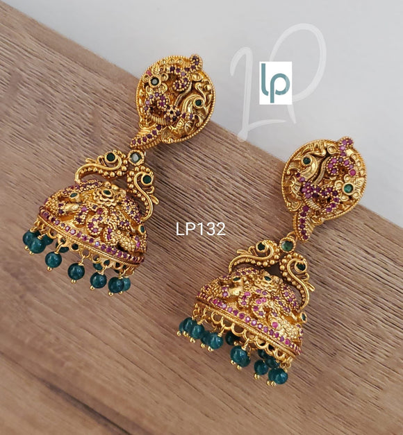Ram Seetha  , elegant matte gold finish jumka with  green beads hanging  for women -LR001MGJC